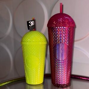 NWT💕💛Starbucks Neon Pink & Yellow Studded Bling Frappuccino Dome Tumbler Set